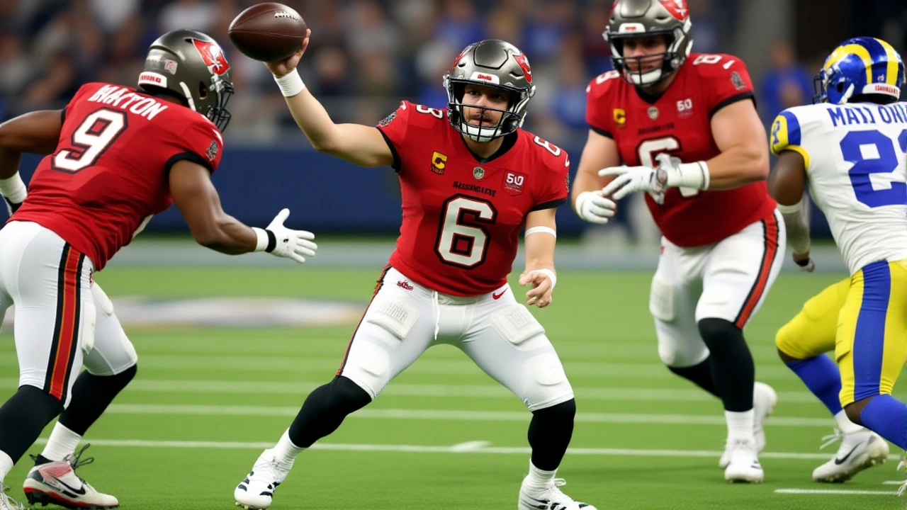 Baker Mayfield exits game vs. Rams with left shoulder sprain, raising playoff concerns