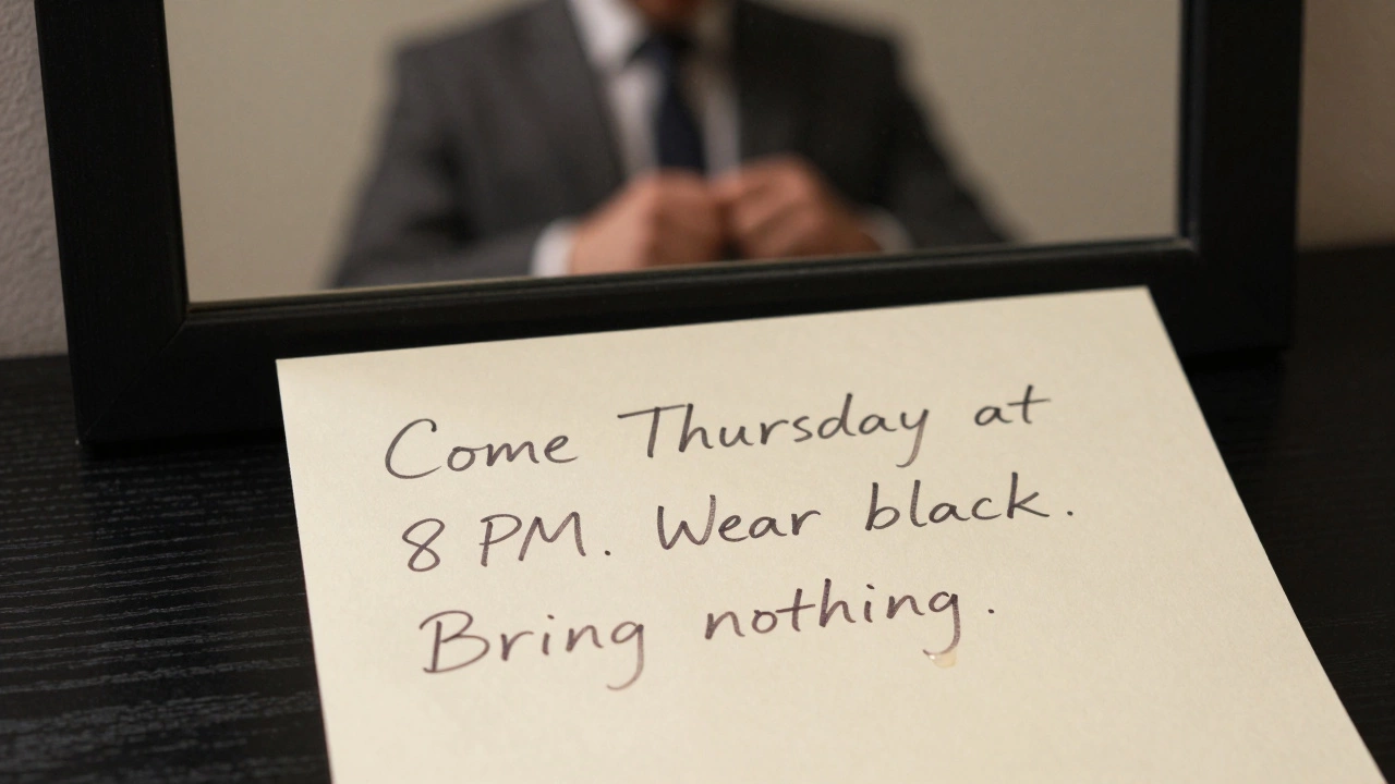 A handwritten note on ivory paper with a tear stain, reflected in a dark mirror showing a bowed figure in a suit.