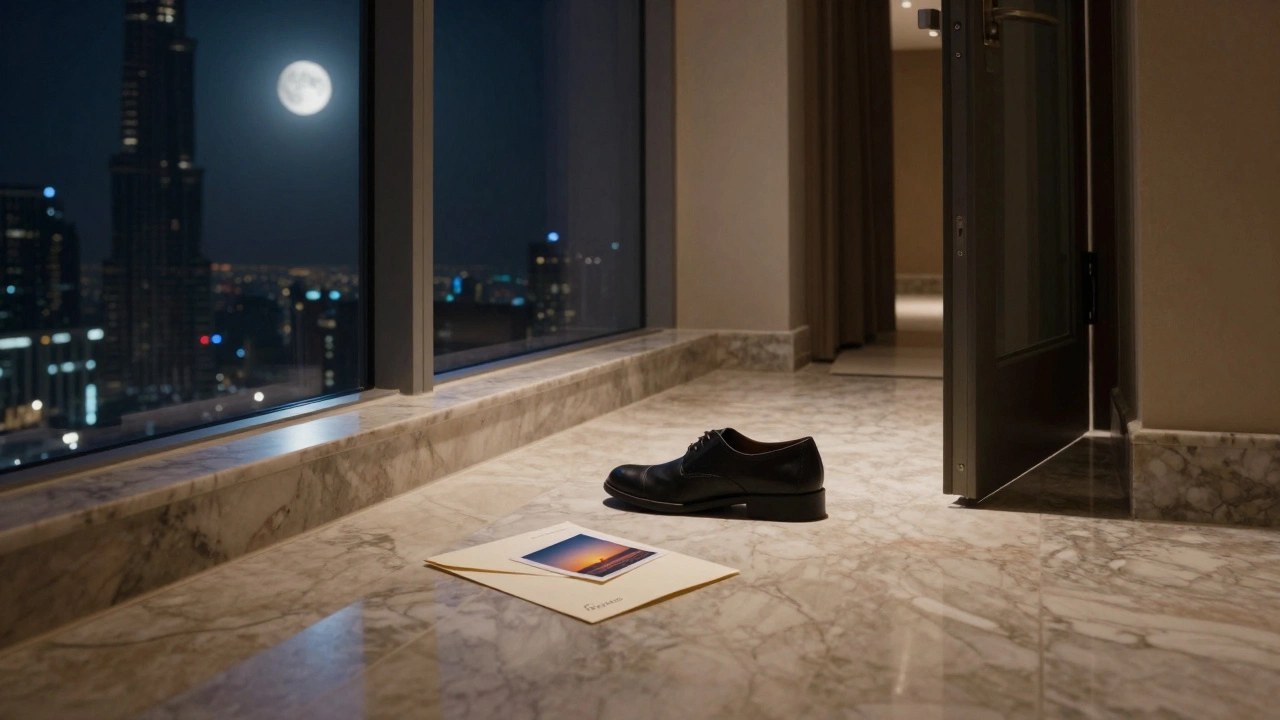 A single black shoe and a sealed letter with a sunrise photo left on marble floor outside a darkened door.