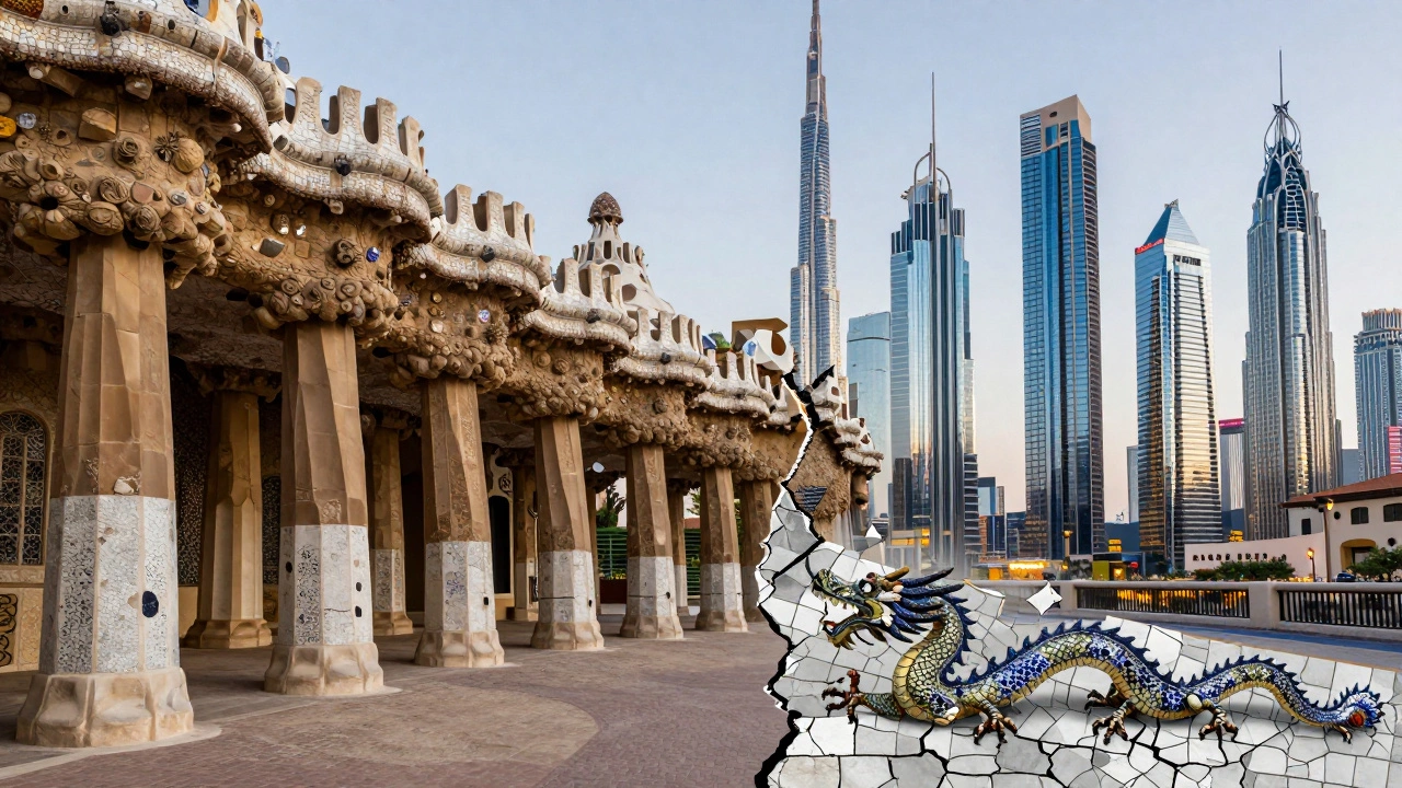 Contrast between Gaudí&#039;s organic Park Güell and Dubai&#039;s glass towers, with tiles forming a dragon between them.