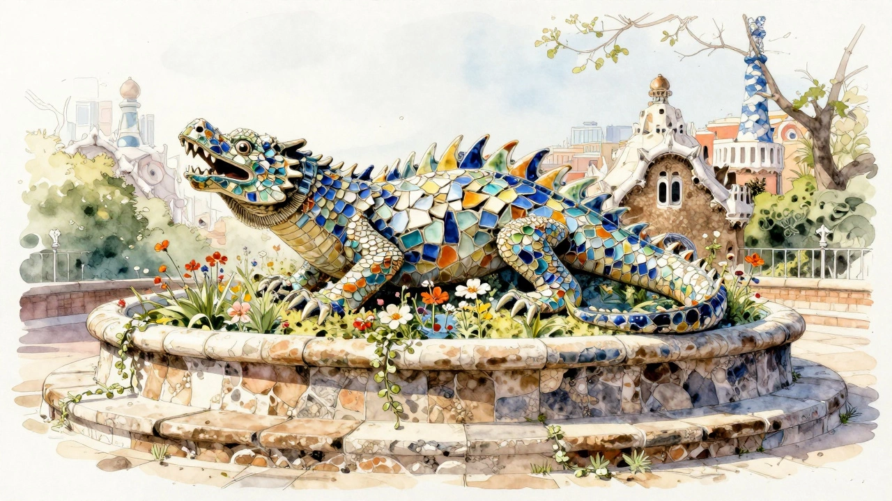 El Drac lizard fountain made of colorful ceramic shards at Park Güell, surrounded by stone steps and wildflowers.